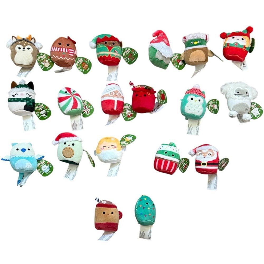 Squishmallows Set of 19 Miniature Stuffed Christmas Holiday Plush Toys.